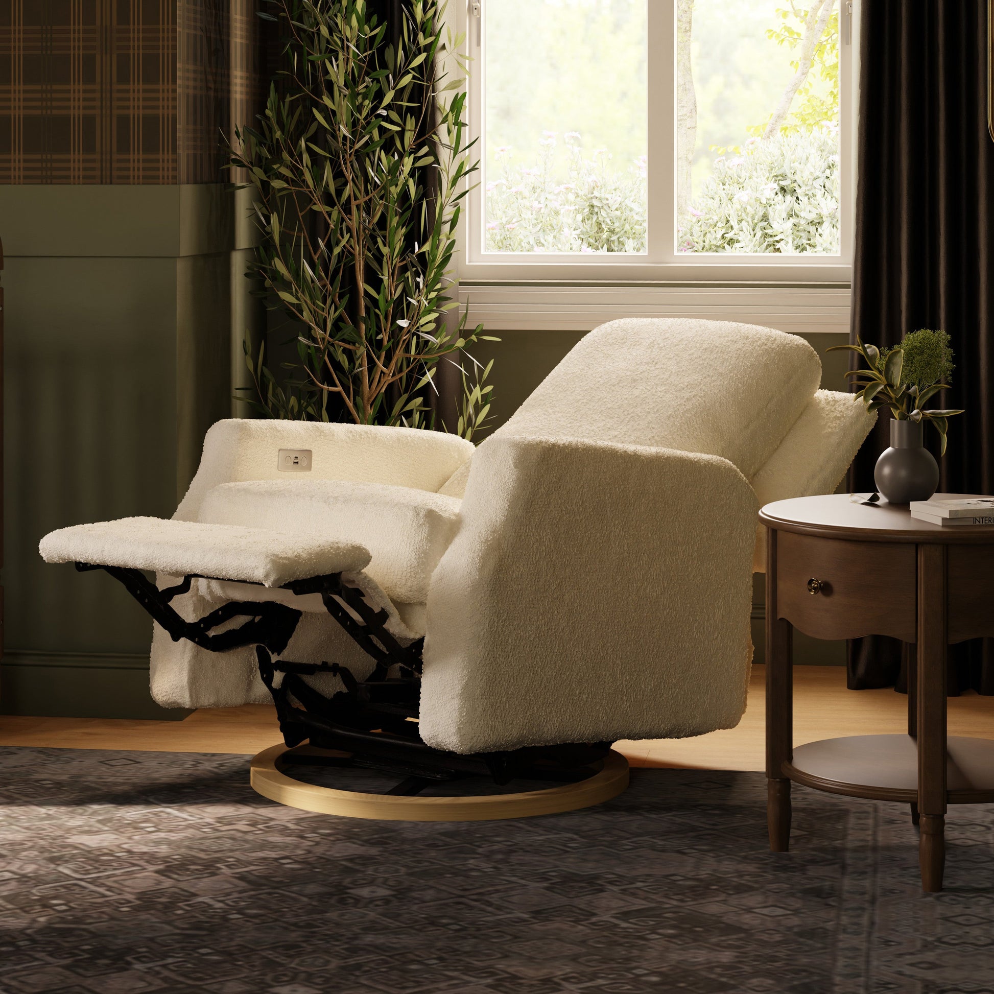 M22286WBLB,Crewe Electronic Swivel Glider Recliner in Ivory Boucle w/Light Wood Base
