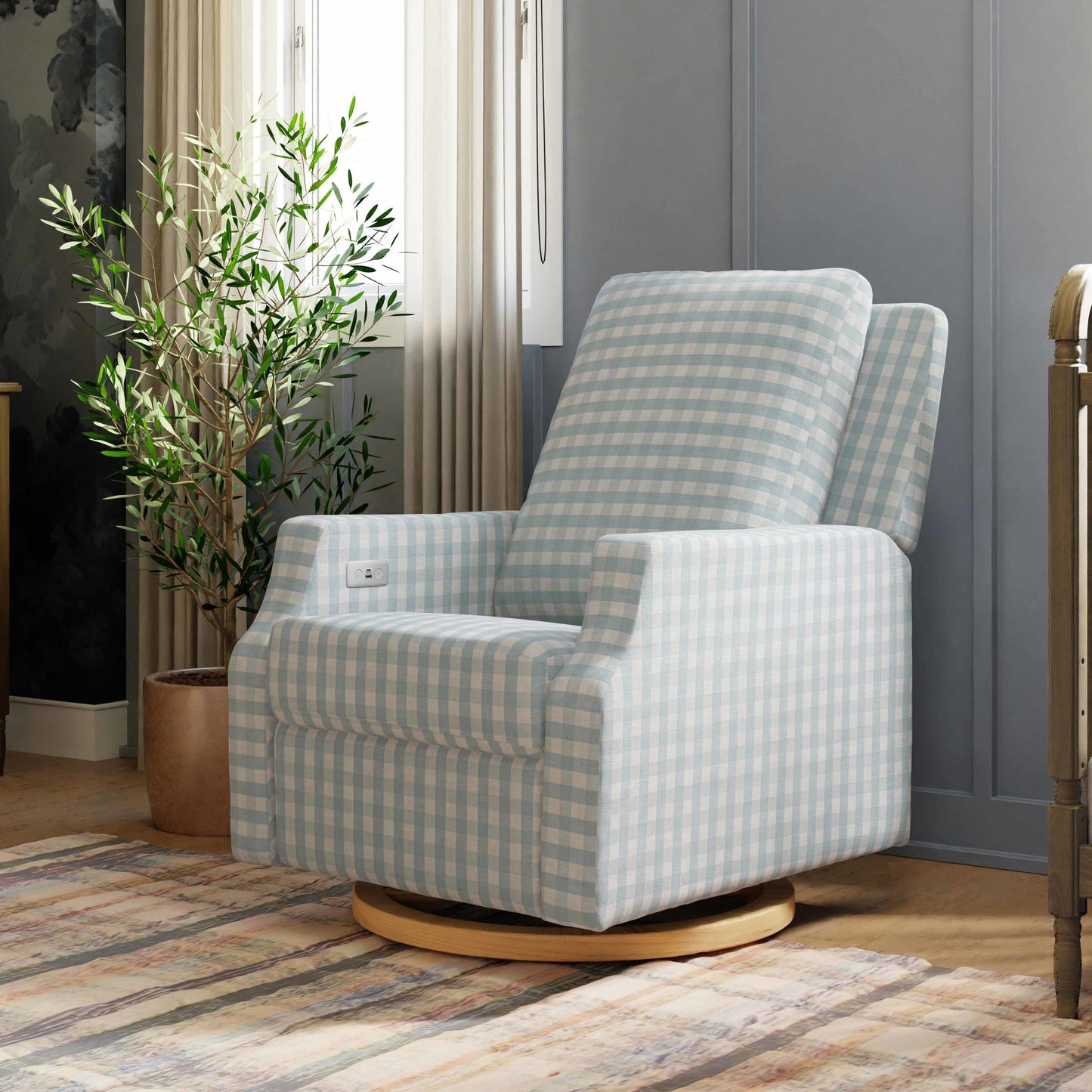M22286BGHLB,Crewe Electronic Swivel Glider Recliner in Blue Gingham with Light Wood Base