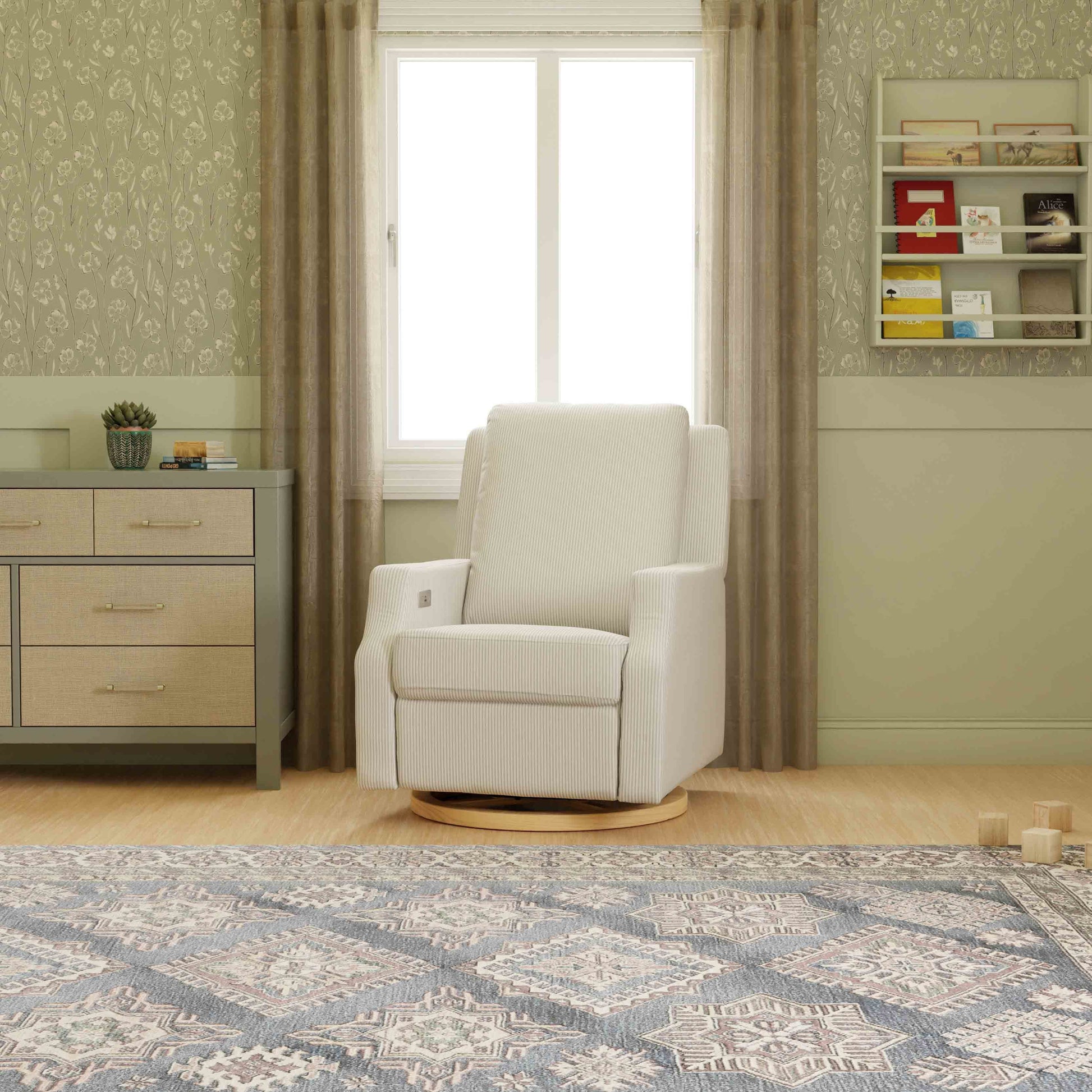 M22286FCSLB,Crewe Electronic Swivel Glider Recliner in Fog Chatham Stripe Performance Eco-Weave w/LB