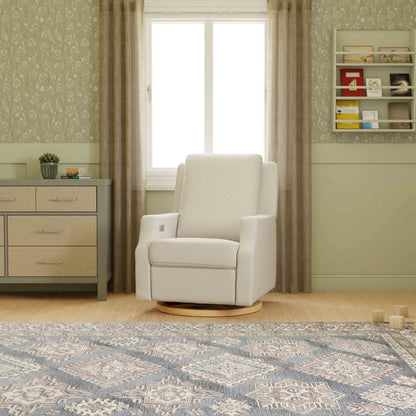 M22286FCSLB,Crewe Electronic Swivel Glider Recliner in Fog Chatham Stripe Performance Eco-Weave w/LB