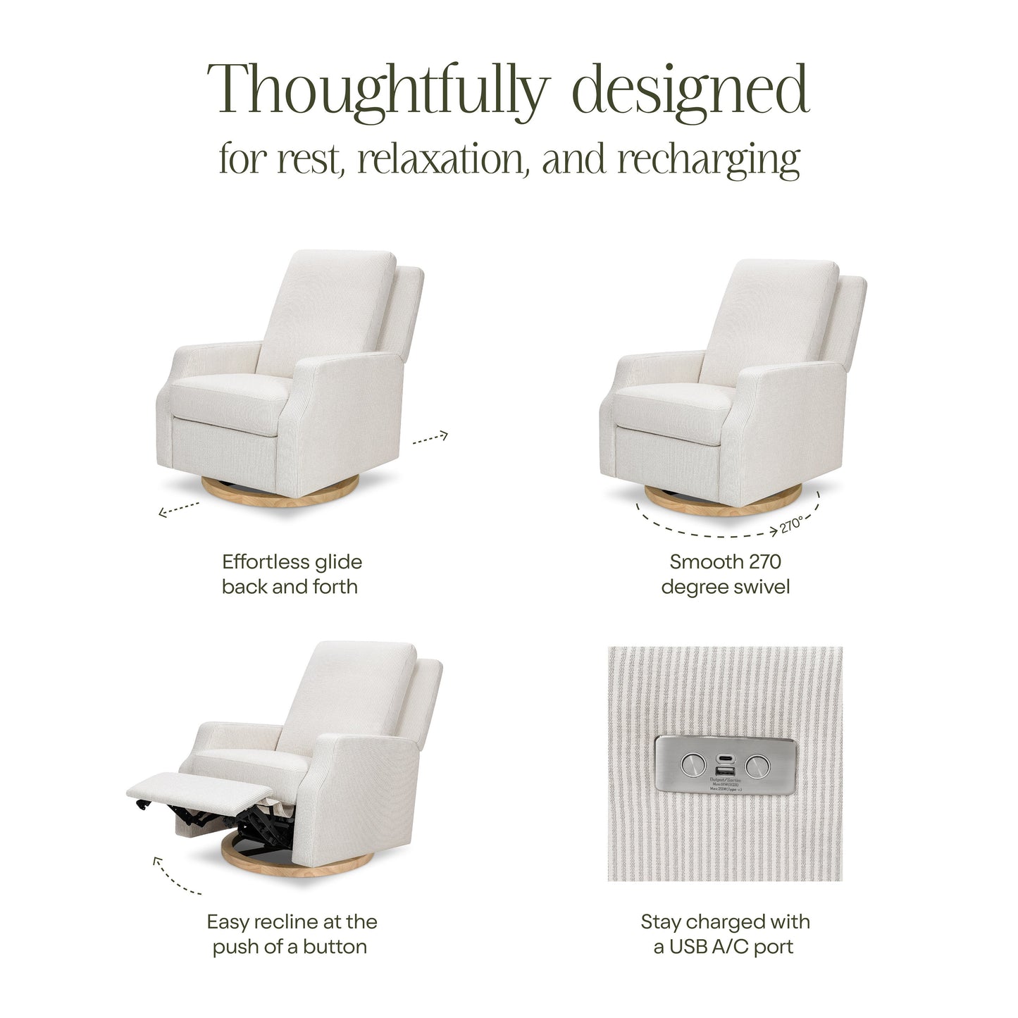 M22286FCSLB,Crewe Electronic Swivel Glider Recliner in Fog Chatham Stripe Performance Eco-Weave w/LB
