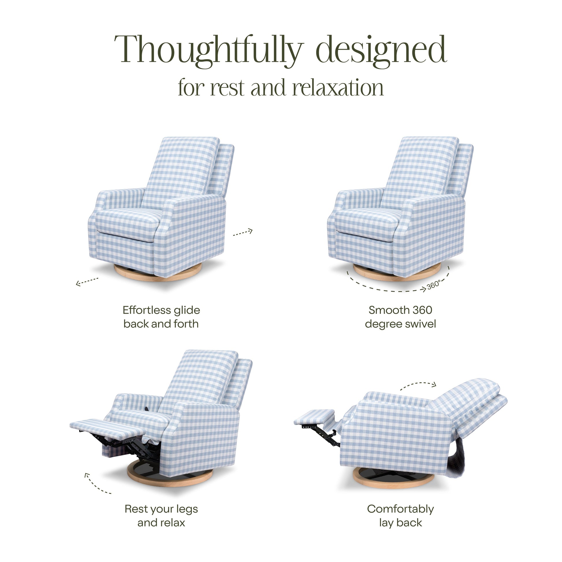M22287BGHLB,Crewe Recliner and Swivel Glider in Blue Gingham with Light Wood Base