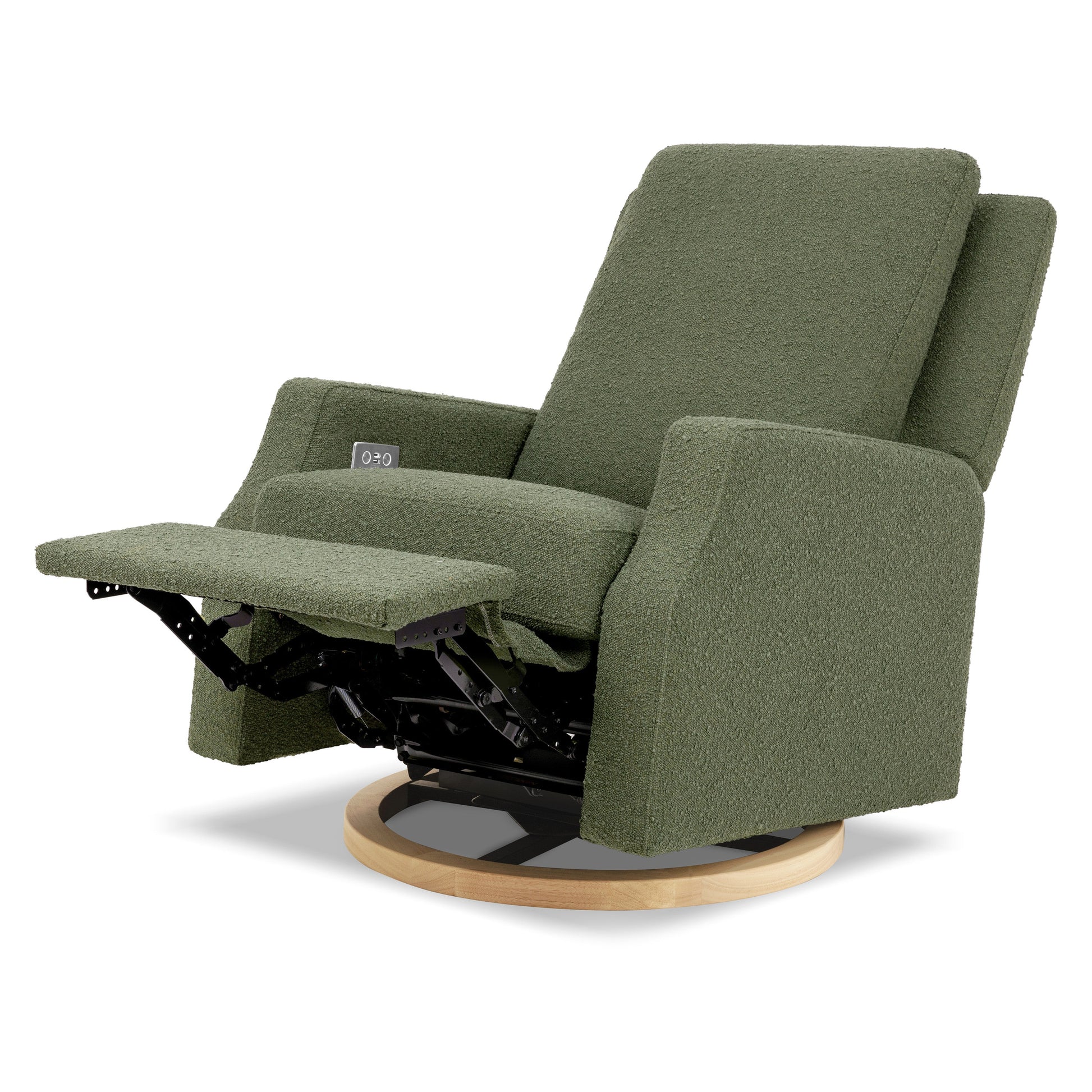 M22286OBLB,Crewe Electronic Swivel Glider Recliner in Olive Boucle w/Light Wood Base