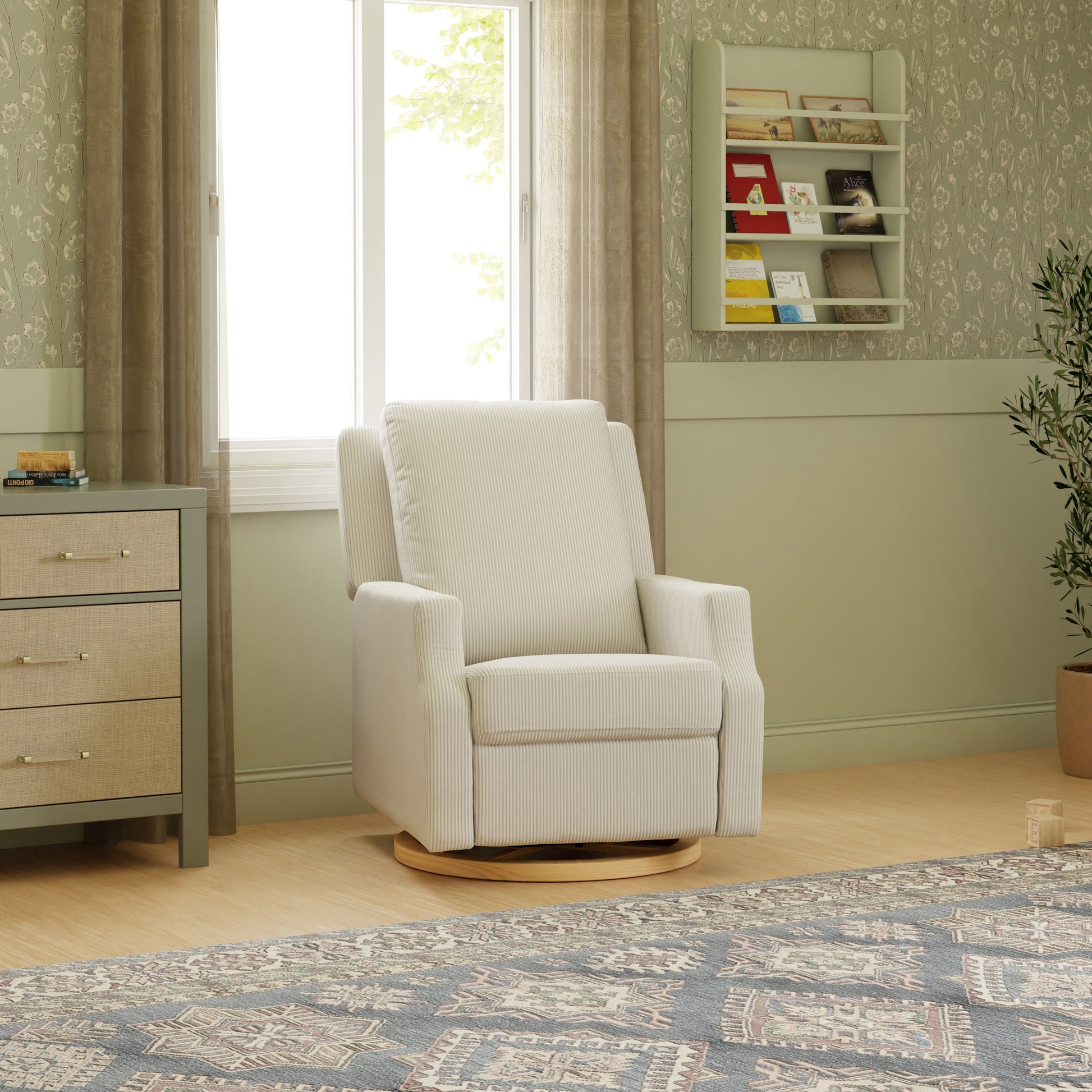 M22286FCSLB,Crewe Electronic Swivel Glider Recliner in Fog Chatham Stripe Performance Eco-Weave w/LB