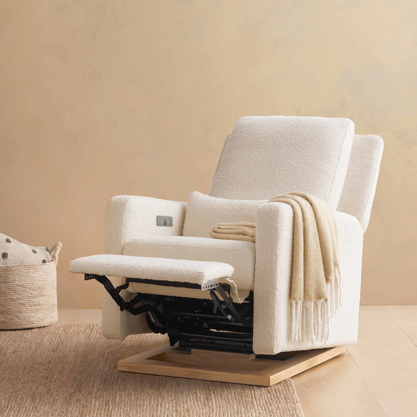 M23085WBLB,Sigi Glider Recliner w/ Electronic Control and USB in Ivory Boucle w/Light Wood Base