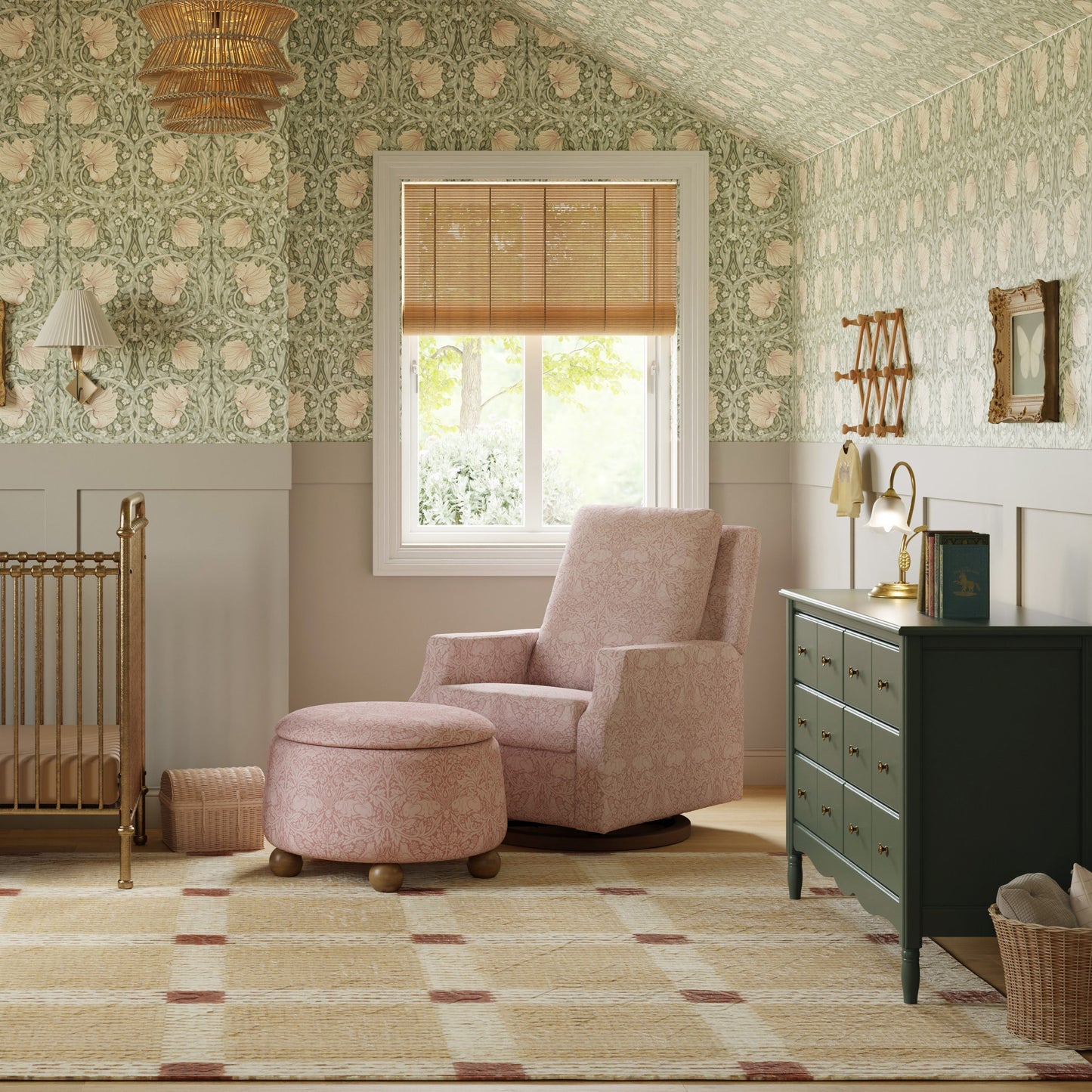 M30985PBRRDF,Tuffet Storage Ottoman Pure Brer Rabbit in Rose w/Dark Wood Ball Feet
