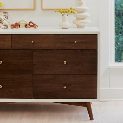 M15916RWNL,Palma 7-Drawer Double Dresser  Assembled in Warm White w/Natural Walnut