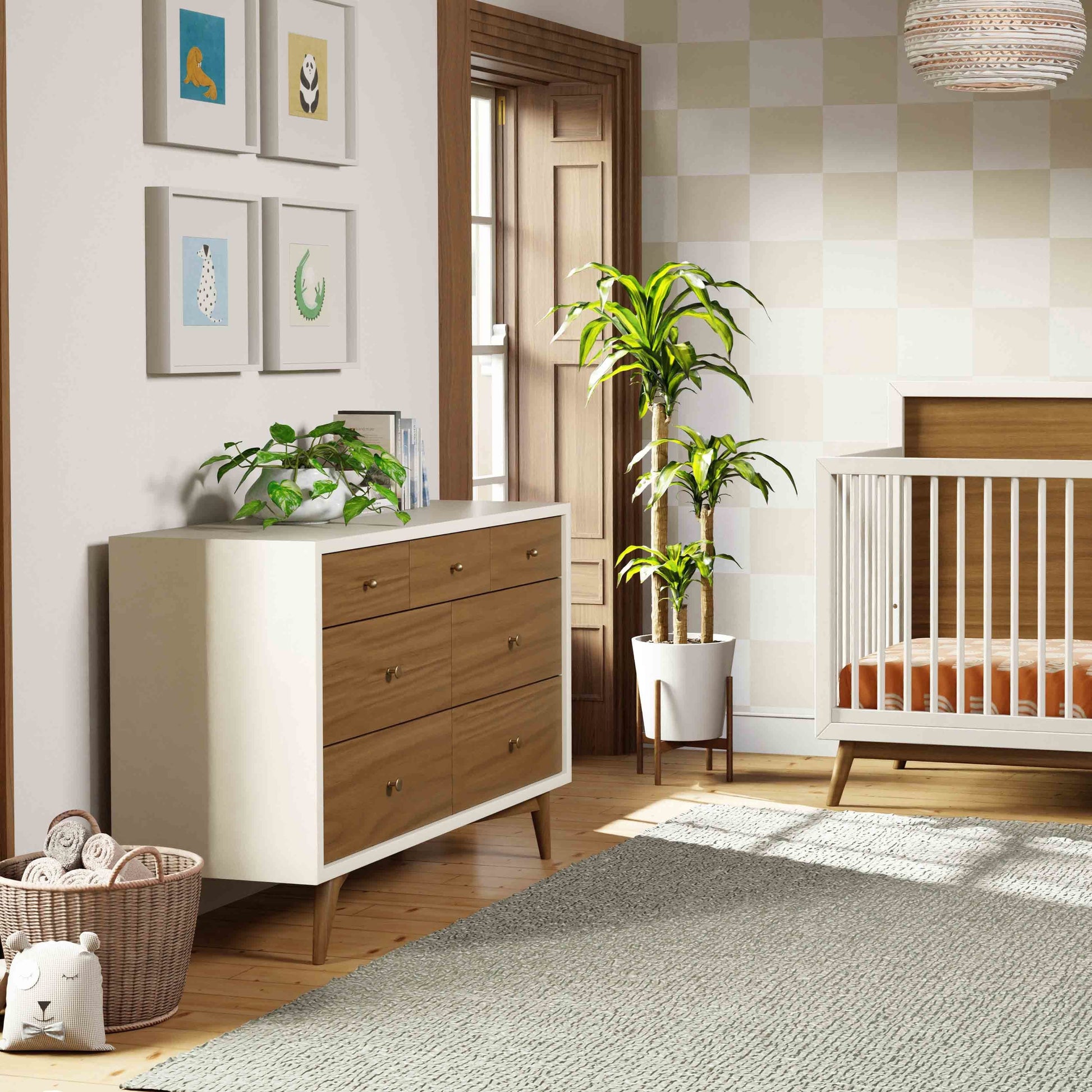 M15916RWNL,Palma 7-Drawer Double Dresser  Assembled in Warm White w/Natural Walnut