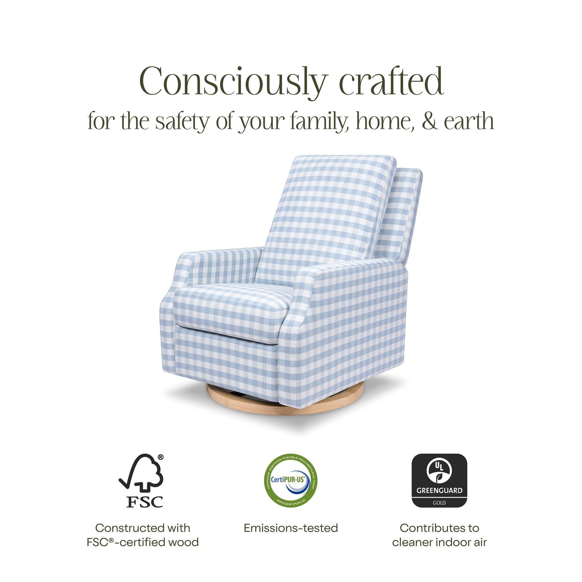 M22287BGHLB,Crewe Recliner and Swivel Glider in Blue Gingham with Light Wood Base