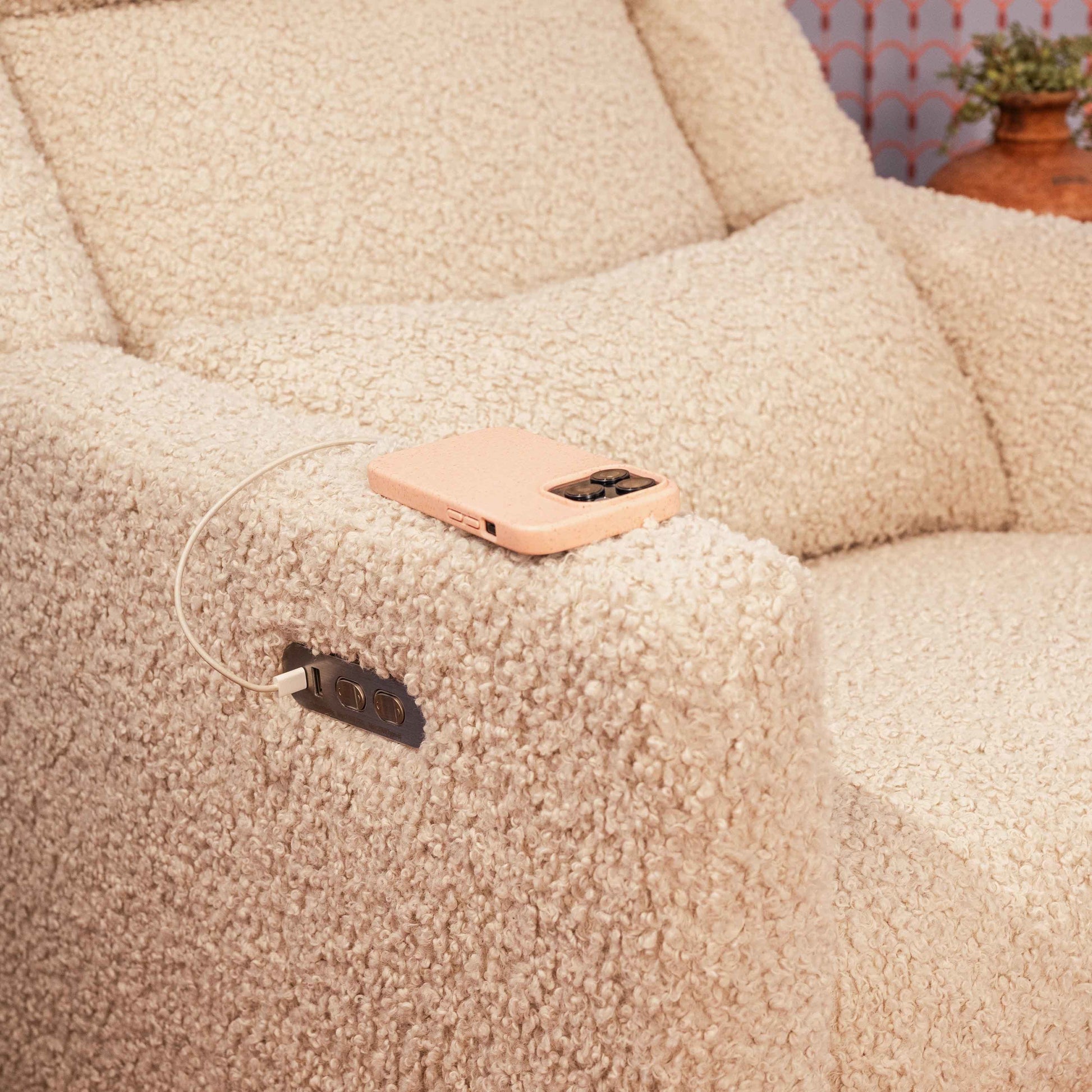 M11286AT,Kiwi Plus Power Glider Recliner w/ Power Headrest in Almond Teddy Loop