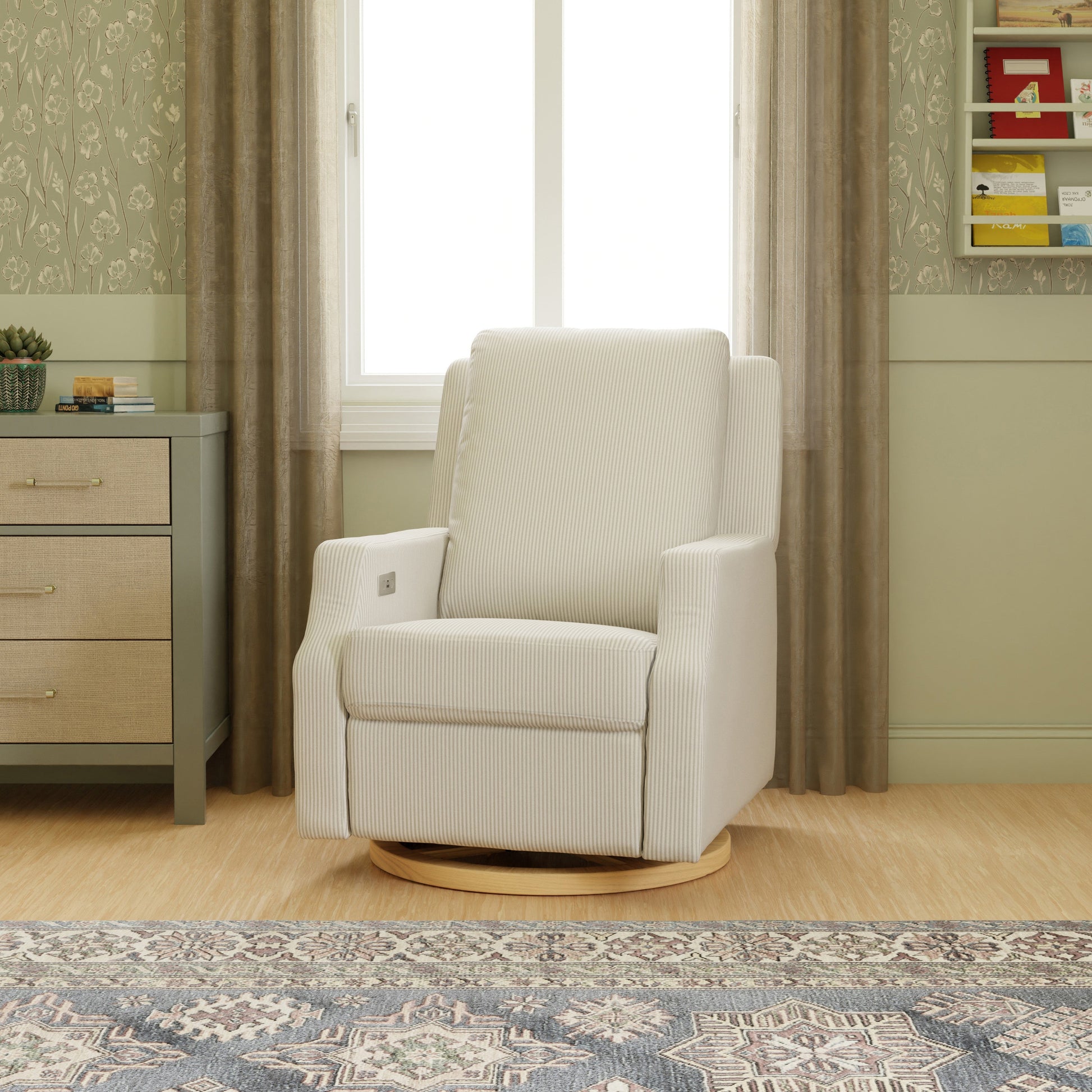 M22286FCSLB,Crewe Electronic Swivel Glider Recliner in Fog Chatham Stripe Performance Eco-Weave w/LB