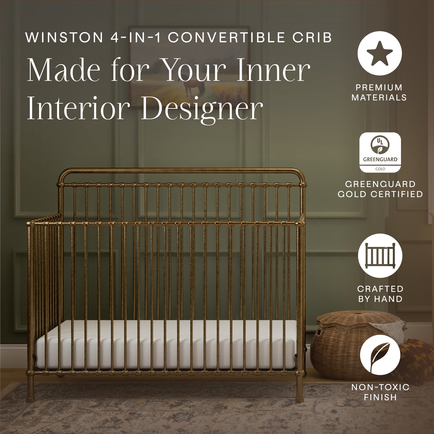 M15301VG,Winston 4-in-1 Convertible Crib in Vintage Gold