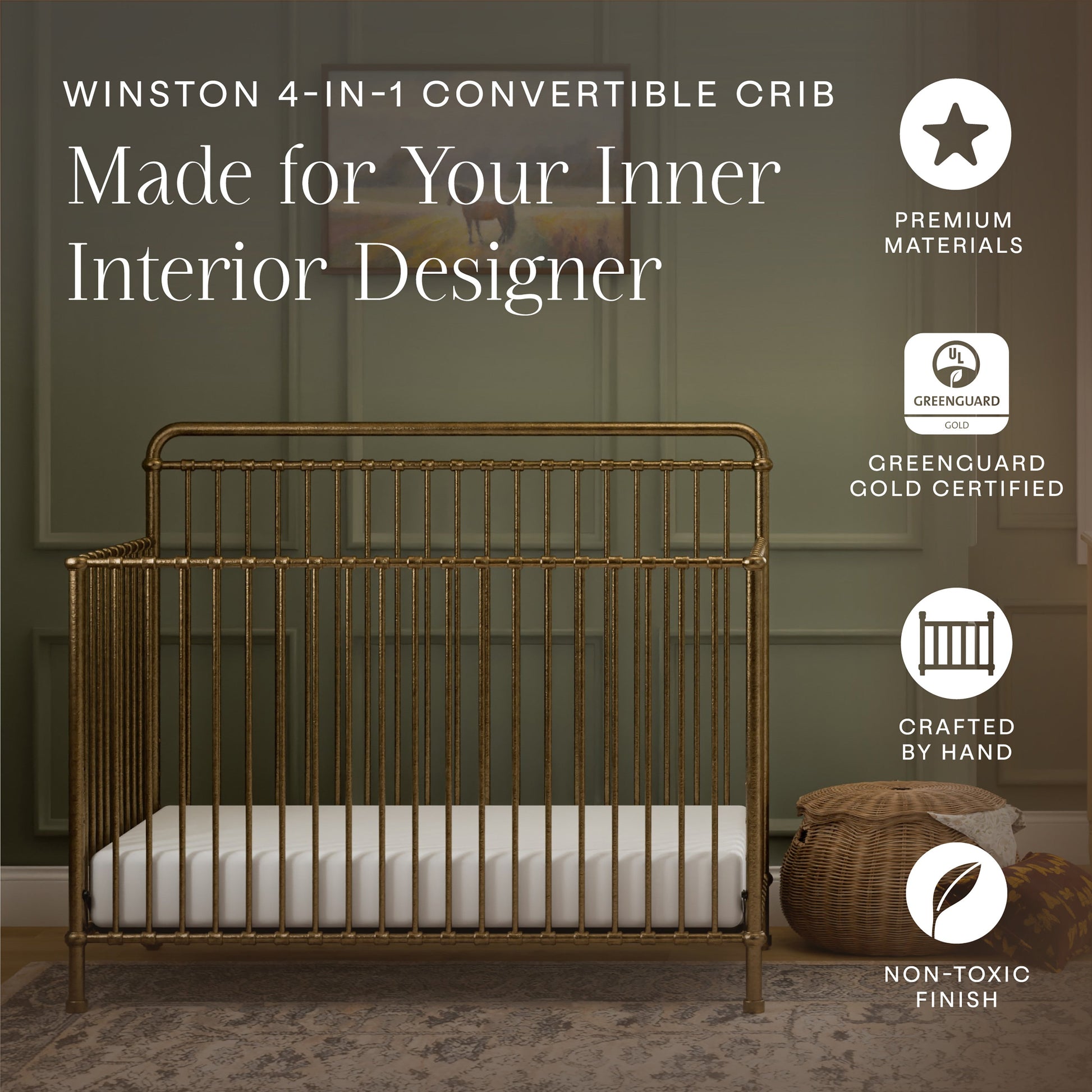 M15301VG,Winston 4-in-1 Convertible Crib in Vintage Gold