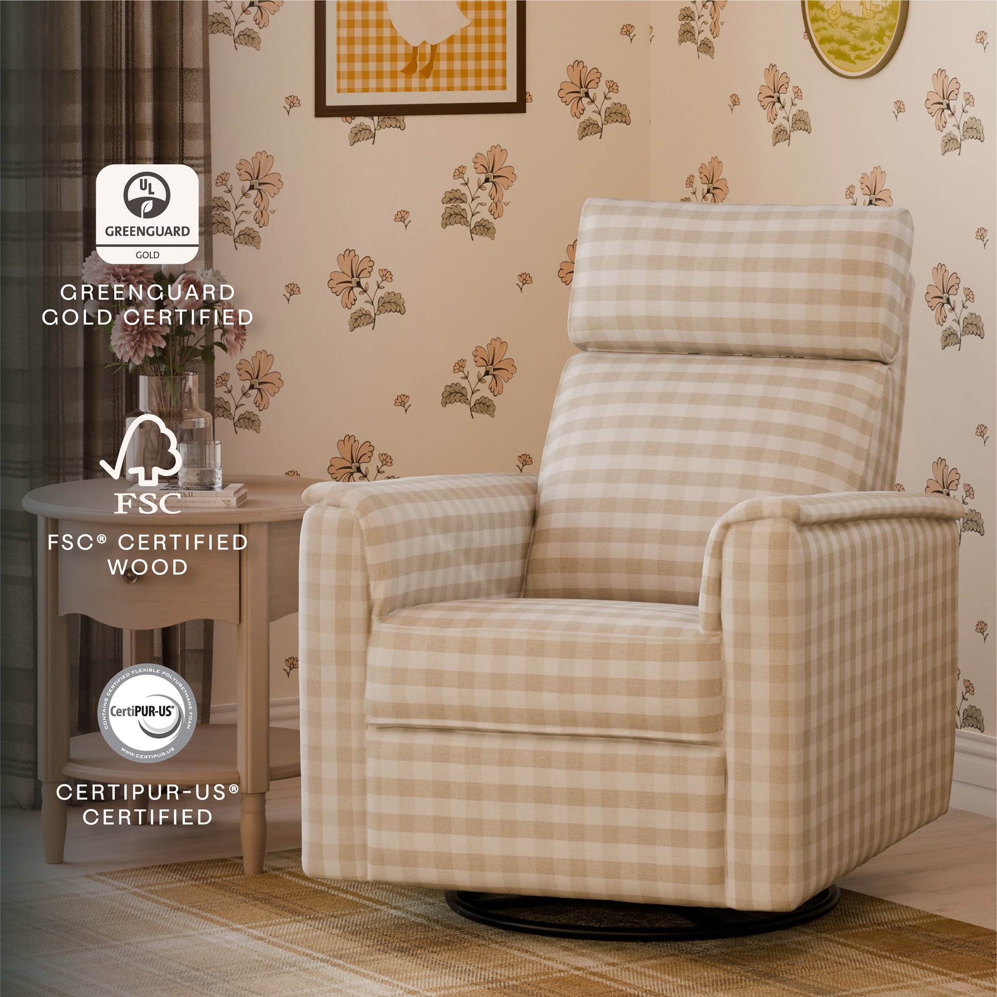 M17182TGH,Willa Pro Power Glider Recliner w/ Power Lumbar in Tan Gingham