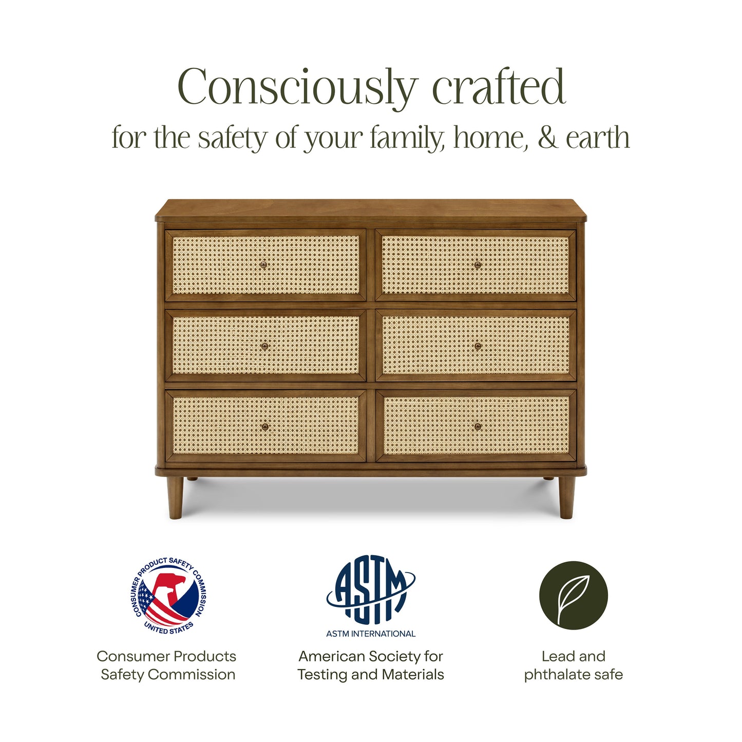 M23716NLBC,Marin with Cane 6 Drawer Assembled Dresser in Natural Walnut and Blonde Cane
