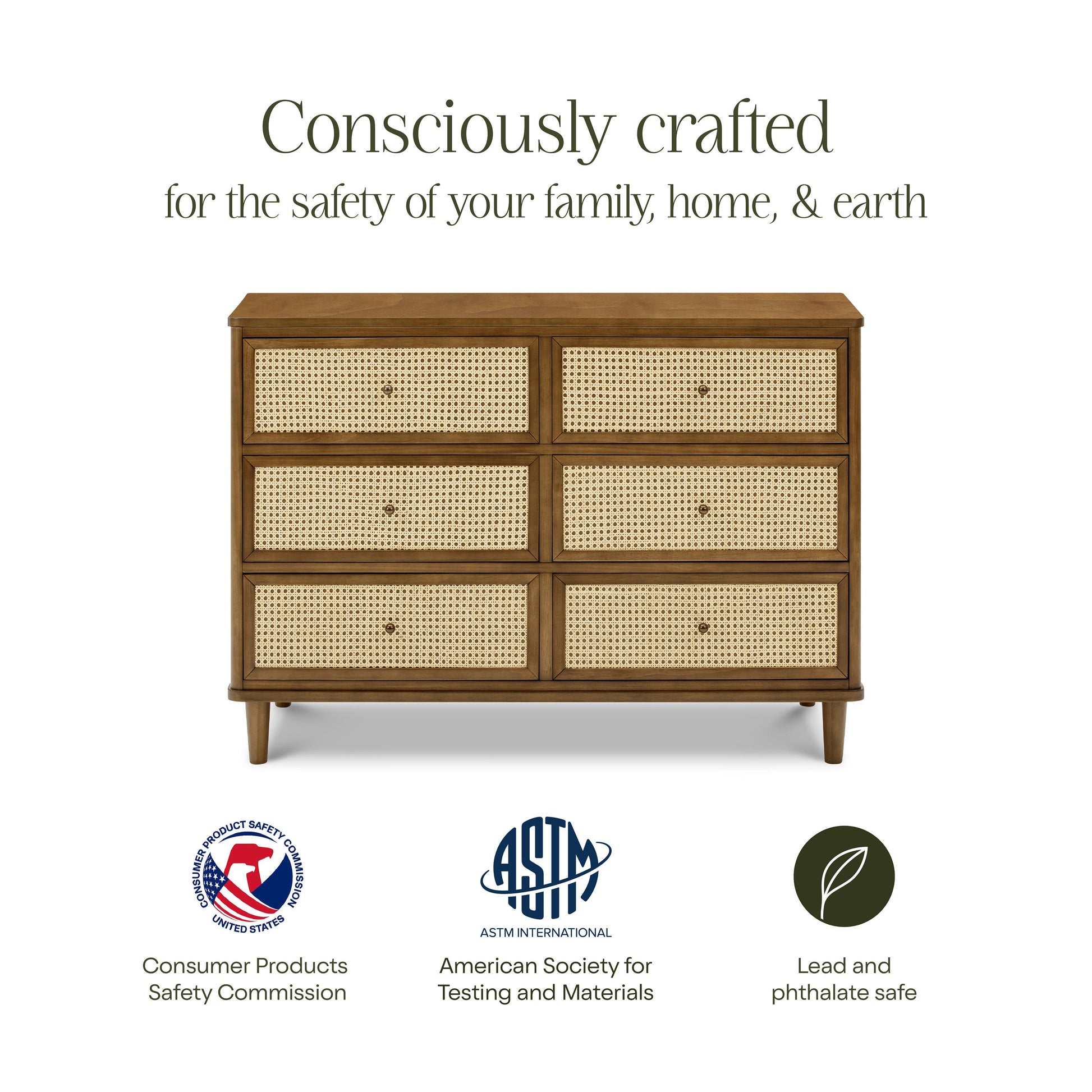 M23716NLBC,Marin with Cane 6 Drawer Assembled Dresser in Natural Walnut and Blonde Cane