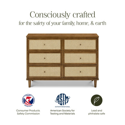 M23716NLBC,Marin with Cane 6 Drawer Assembled Dresser in Natural Walnut and Blonde Cane