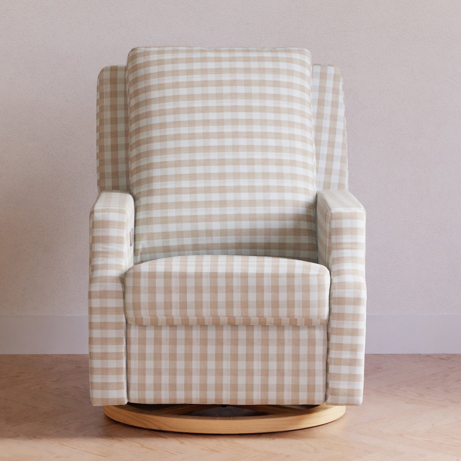 M22286TGHLB,Crewe Electronic Swivel Glider Recliner in Tan Gingham with Light Wood Base