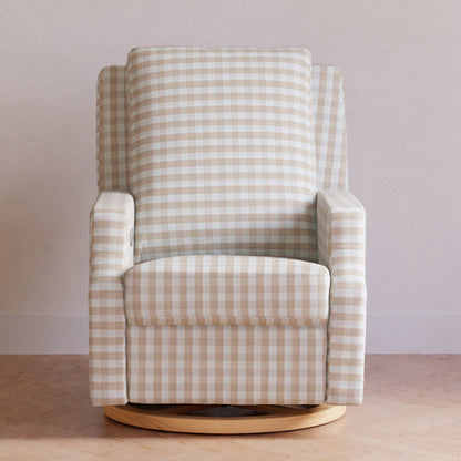M22286TGHLB,Crewe Electronic Swivel Glider Recliner in Tan Gingham with Light Wood Base