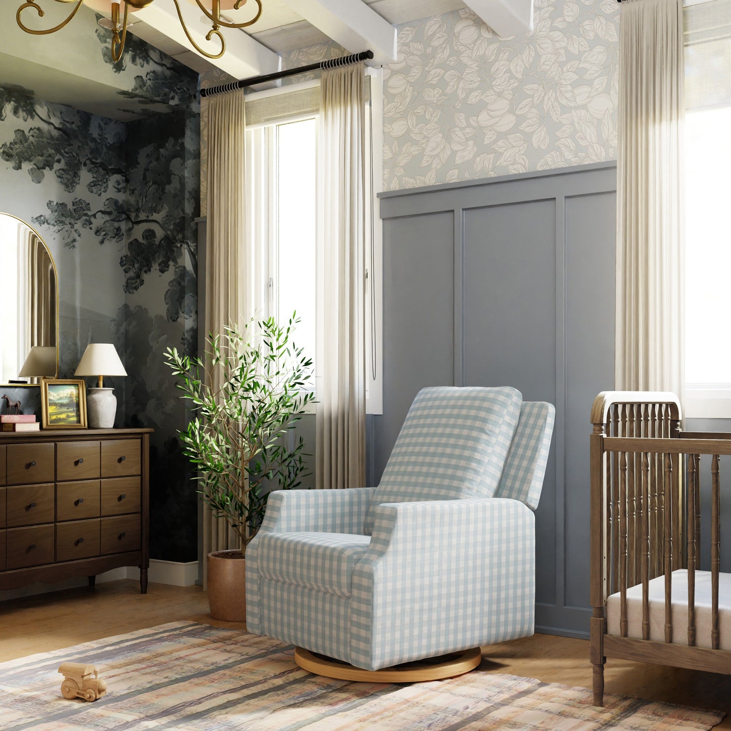 M22286BGHLB,Crewe Electronic Swivel Glider Recliner in Blue Gingham with Light Wood Base