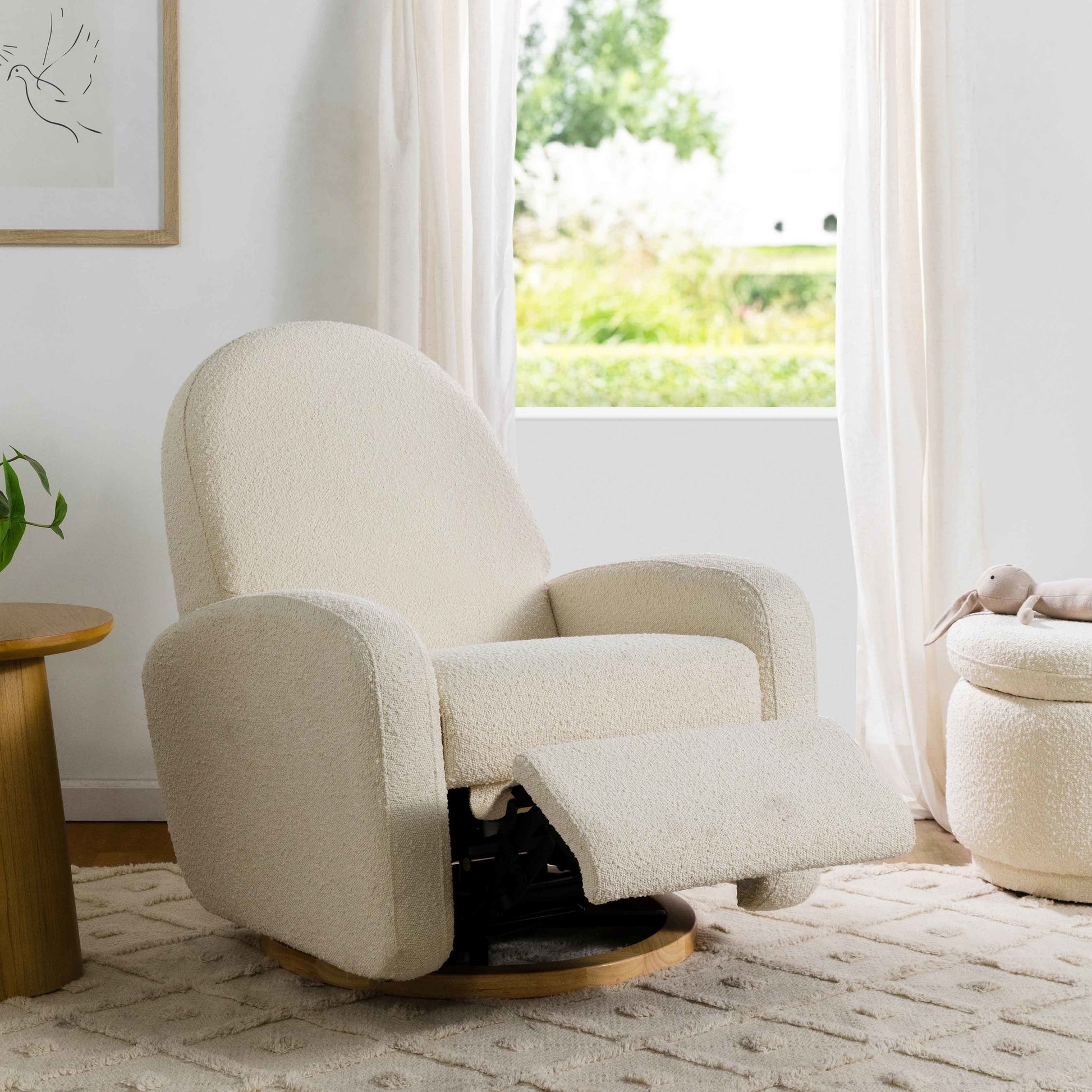 M23188WBLB,Nami Glider Recliner w/ Electronic Control and USB in Ivory Boucle w/Light Wood Base