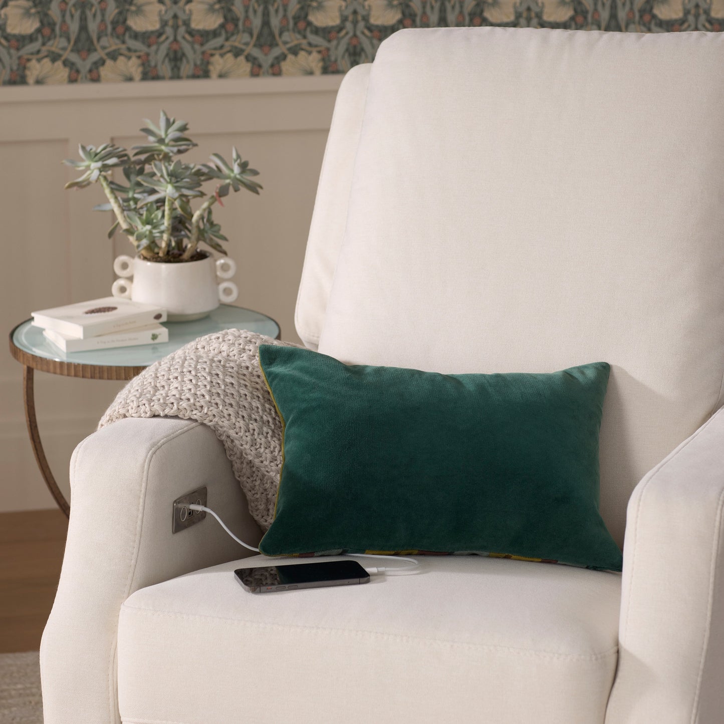 M22286PCMEWLB,Crewe Electronic Swivel Glider Recliner in Performance Cream Eco-Weave w/Light Wood Base