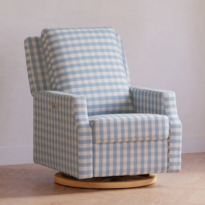 M22286BGHLB,Crewe Electronic Swivel Glider Recliner in Blue Gingham with Light Wood Base