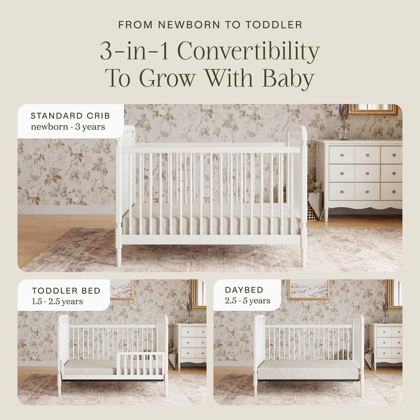 M7101RW,Liberty 3-in-1 Convertible Spindle Crib w/Toddler Bed Conversion Kit in Warm White