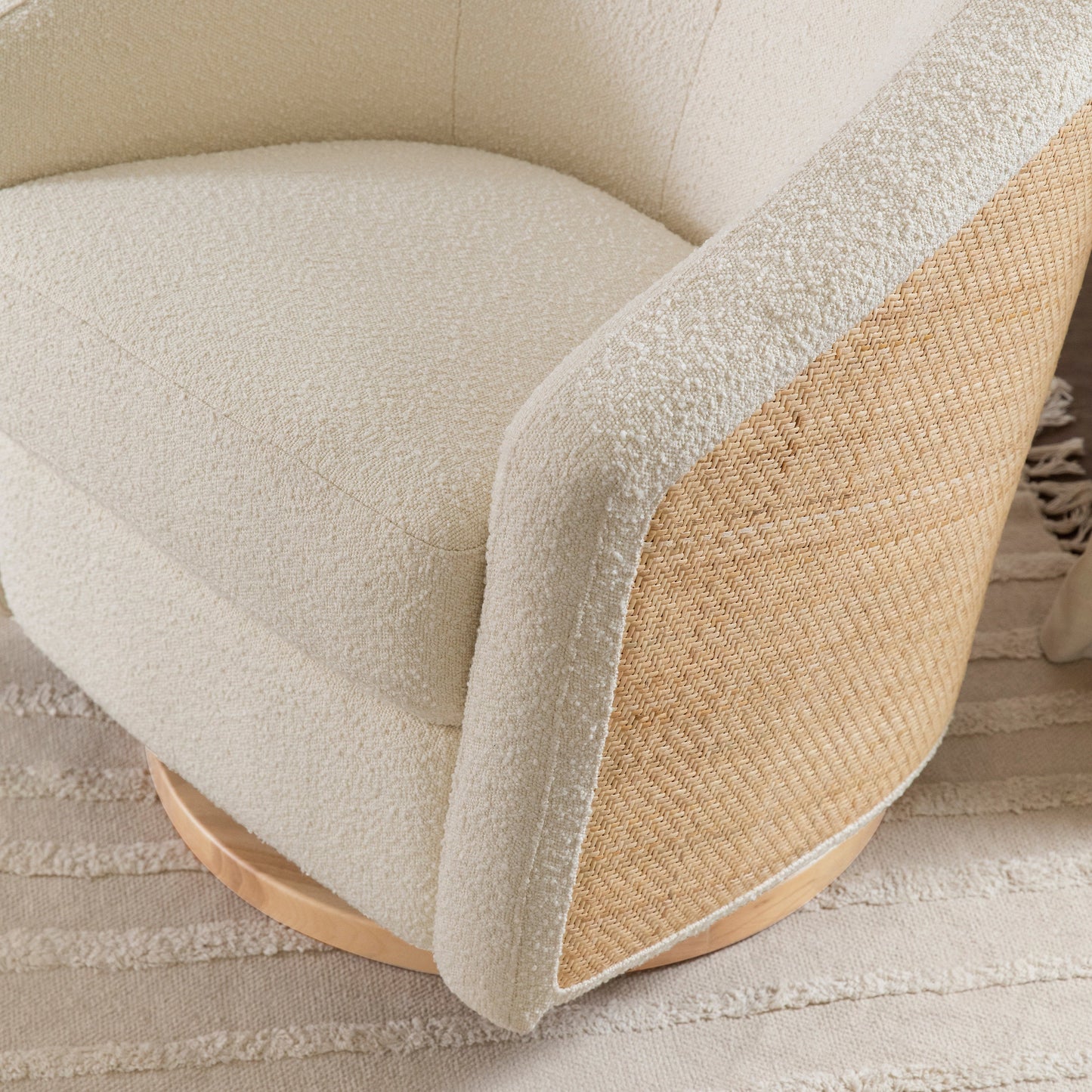 M5887WBCL,Madison Swivel Glider in Ivory Boucle and Cane w/Light Wood Base