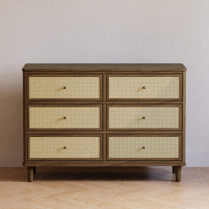M23716NLBC,Marin with Cane 6 Drawer Assembled Dresser in Natural Walnut and Blonde Cane