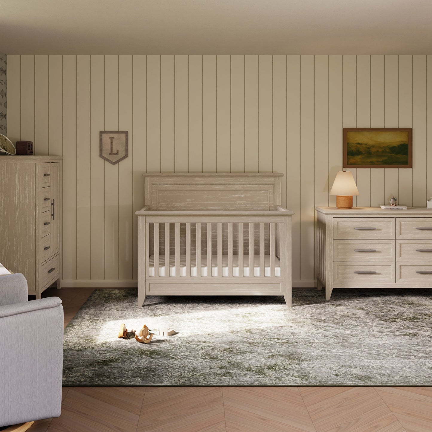 Barrow Convertible Flat Top Crib in Sandbar finish by Monogram by Namesake