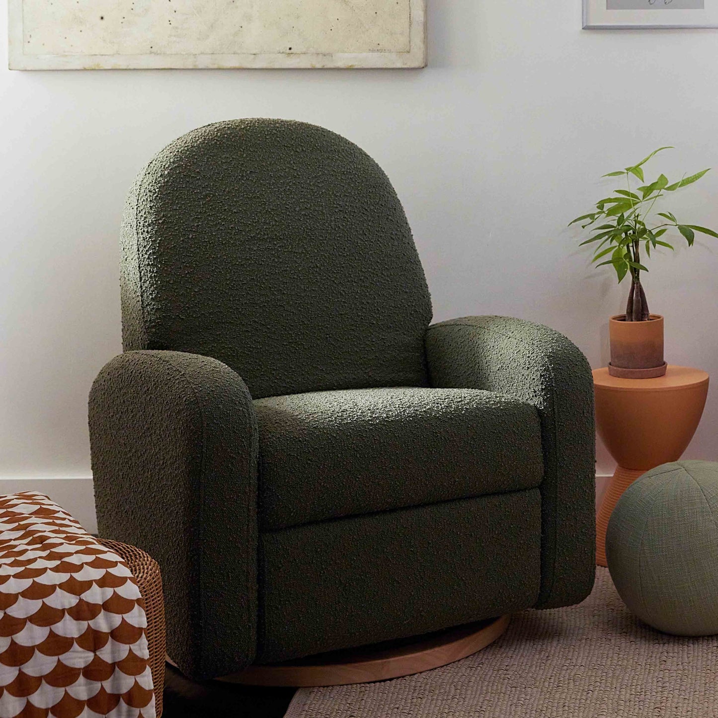 M23188OBLB,Nami Glider Recliner w/ Electronic Control and USB in Olive Boucle w/Light Wood Base