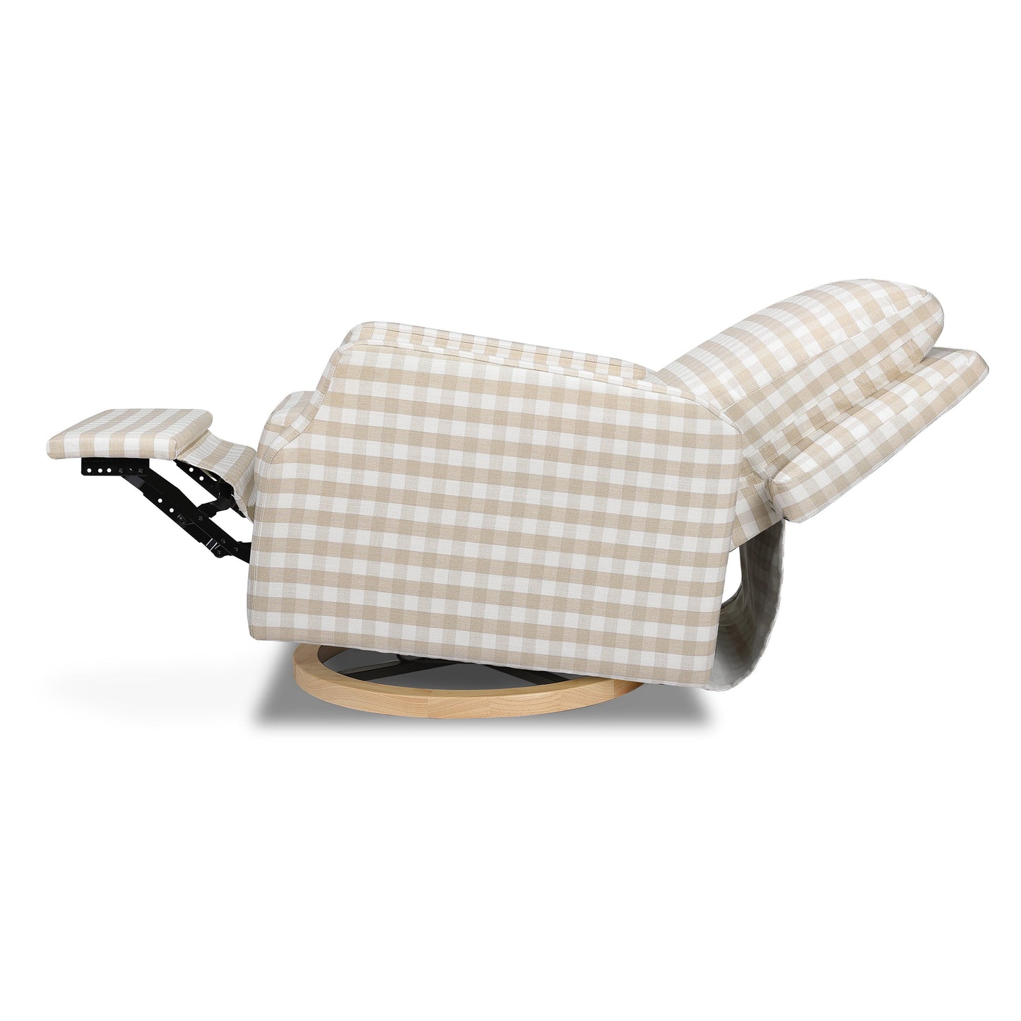 M22287TGHLB,Crewe Recliner and Swivel Glider in Tan Gingham with Light Wood Base