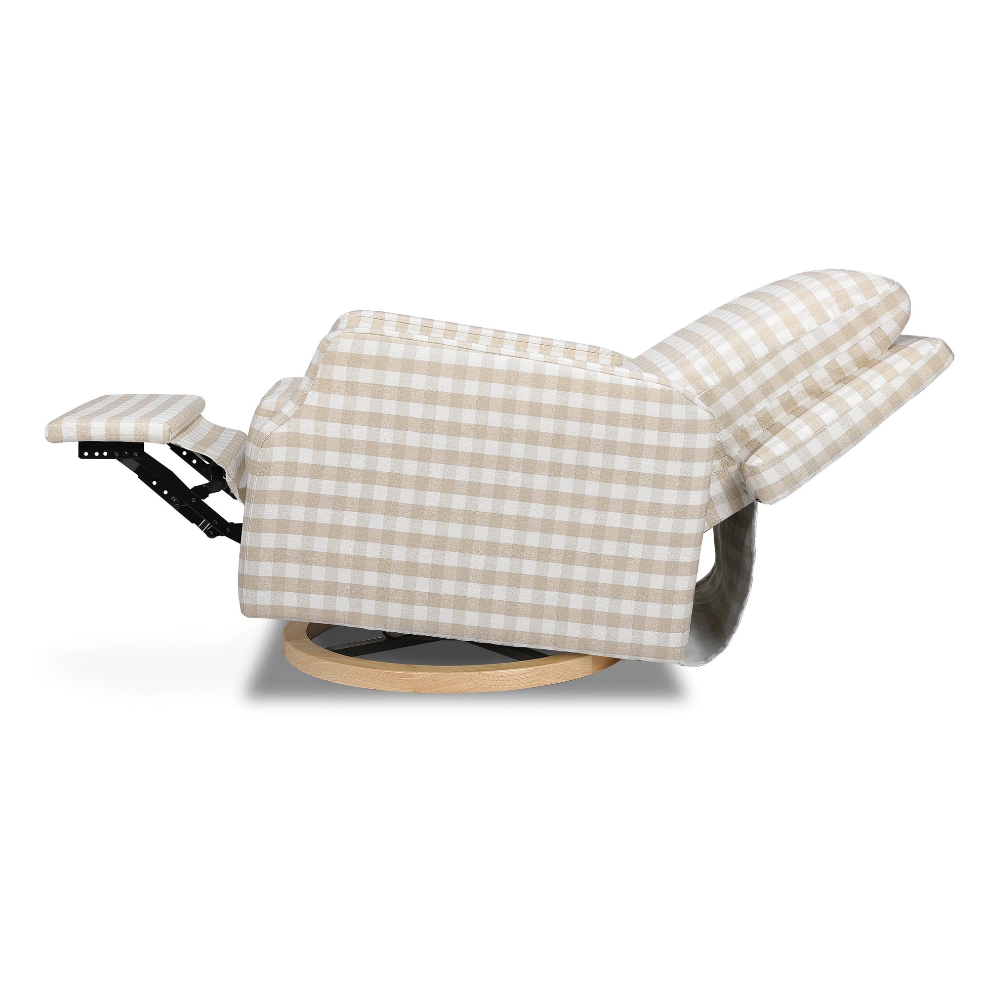 M22287TGHLB,Crewe Recliner and Swivel Glider in Tan Gingham with Light Wood Base