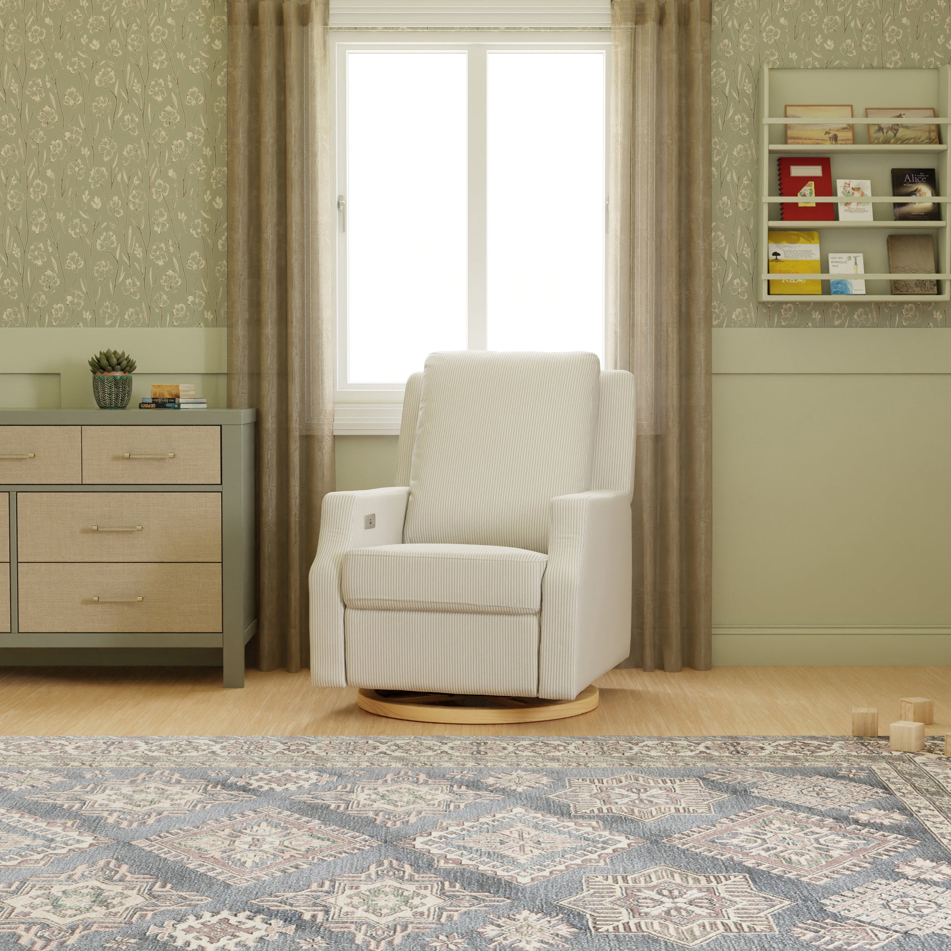 M22286FCSLB,Crewe Electronic Swivel Glider Recliner in Fog Chatham Stripe Performance Eco-Weave w/LB