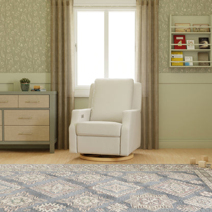 M22286FCSLB,Crewe Electronic Swivel Glider Recliner in Fog Chatham Stripe Performance Eco-Weave w/LB