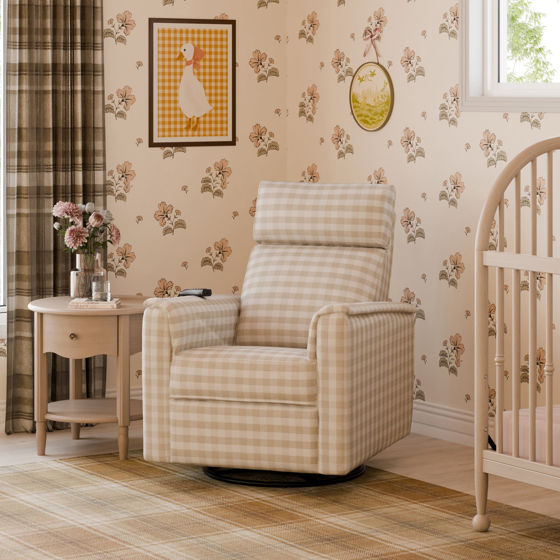 M17183TGH,Willa Deluxe Power Glider Recliner w/Heat&Massage in Tan Gingham