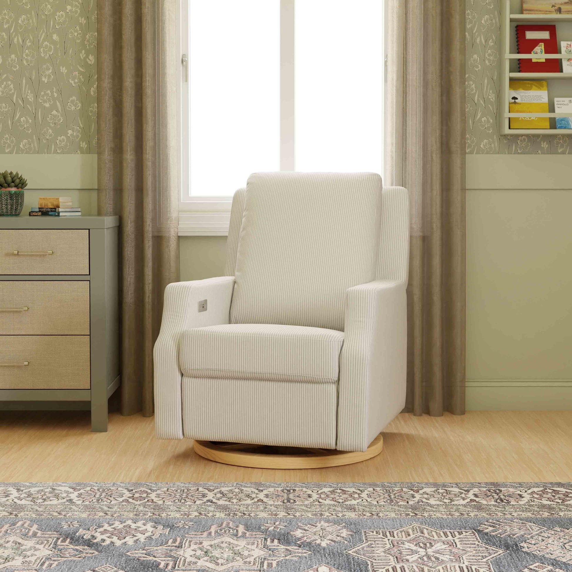 M22286FCSLB,Crewe Electronic Swivel Glider Recliner in Fog Chatham Stripe Performance Eco-Weave w/LB