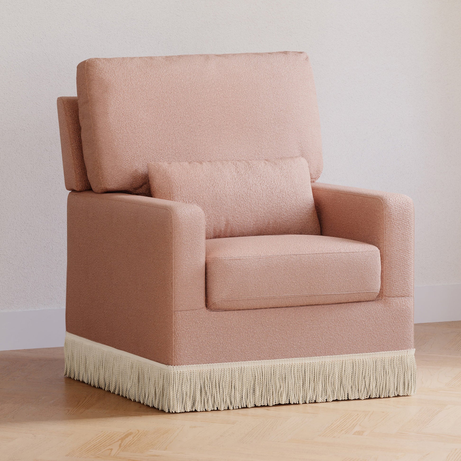 M21787RSBIF,Crawford Pillowback Comfort Swivel Glider in Rose Boucle with Ivory Tassel Fringe