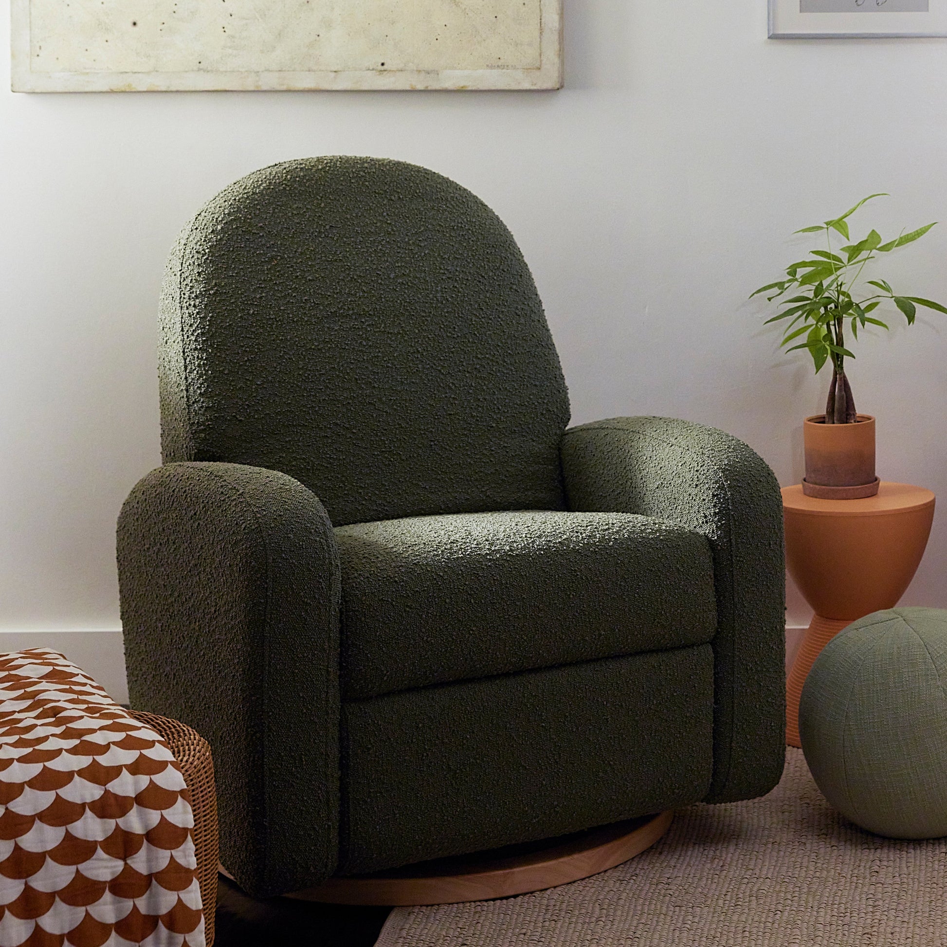 M23188OBLB,Nami Glider Recliner w/ Electronic Control and USB in Olive Boucle w/Light Wood Base