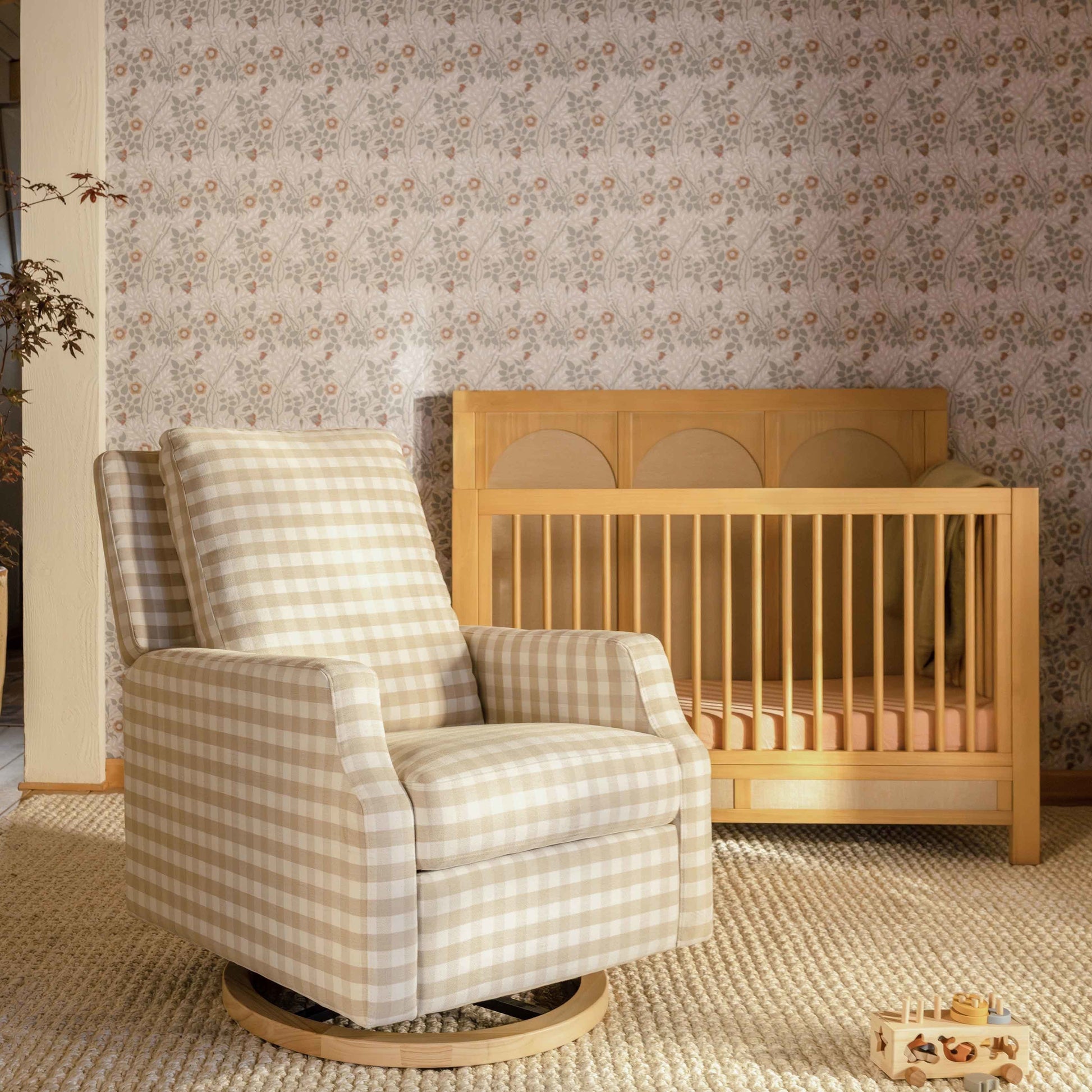 M22286TGHLB,Crewe Electronic Swivel Glider Recliner in Tan Gingham with Light Wood Base