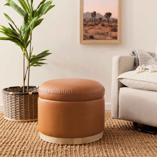 M22885TANLB,Naka Storage Ottoman in Vegan Tan Leather w/ Light Wood Base