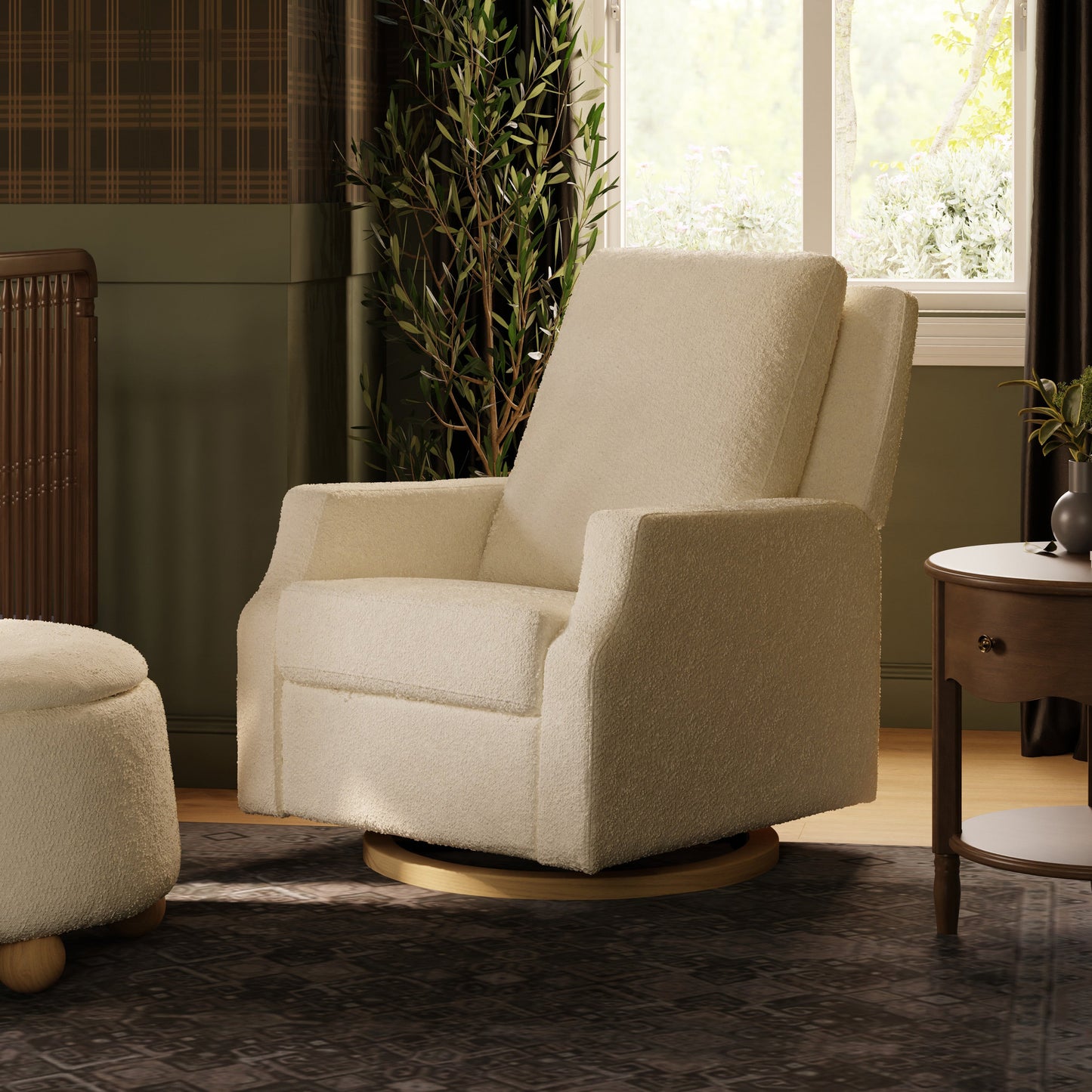 M22287WBLB,Crewe Recliner and Swivel Glider in Ivory Boucle w/Light Wood Base