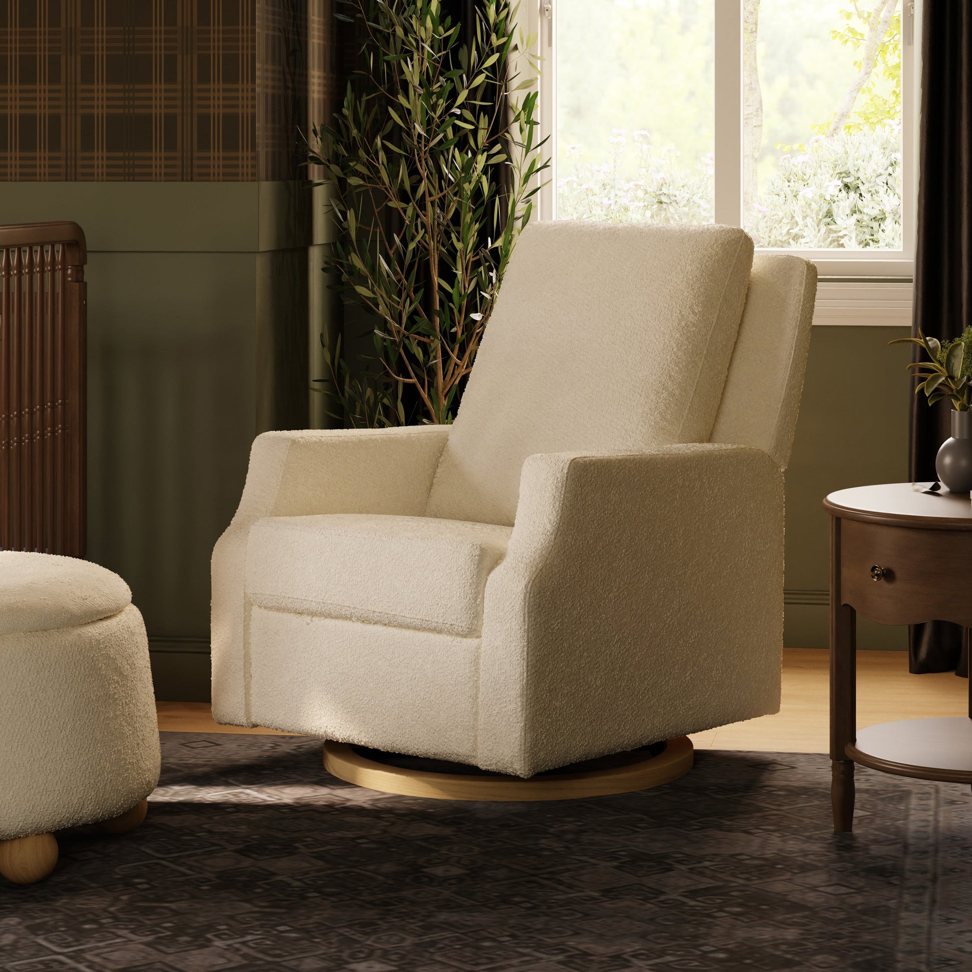 M22287WBLB,Crewe Recliner and Swivel Glider in Ivory Boucle w/Light Wood Base
