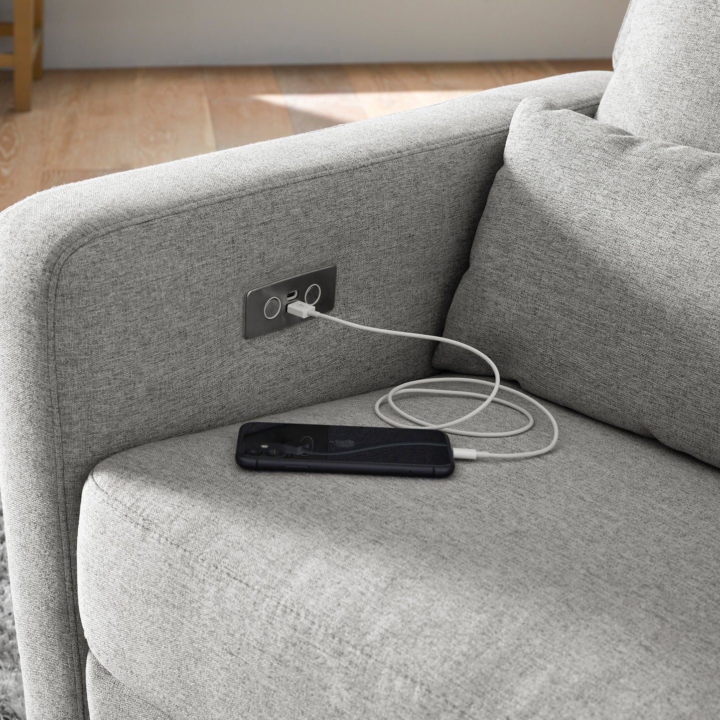 M23085PGEWLB,Sigi Glider Recliner w/ Electronic Control and USB in Performance Grey Eco-Weave w/Light Wood Base