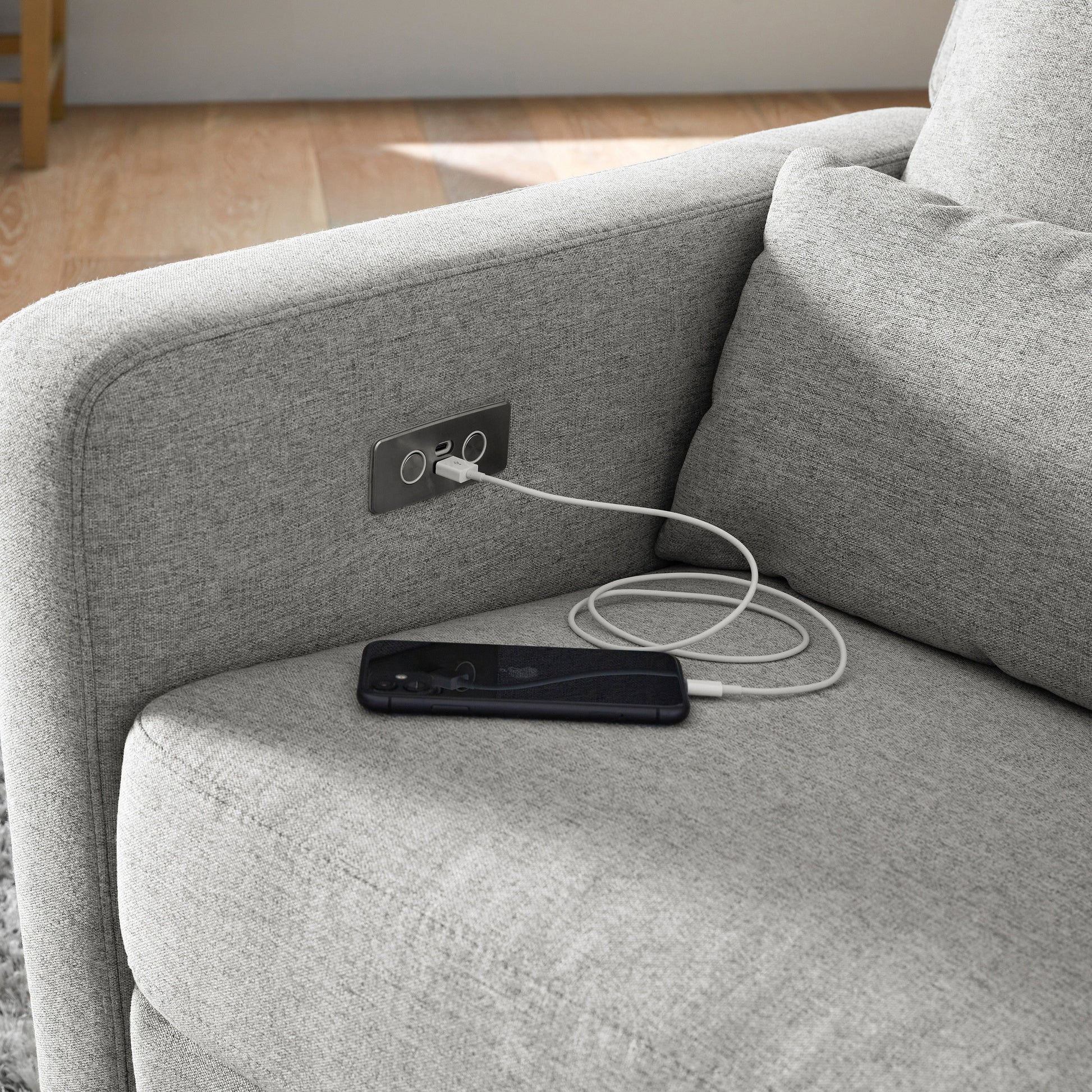 M23085PGEWLB,Sigi Glider Recliner w/ Electronic Control and USB in Performance Grey Eco-Weave w/Light Wood Base