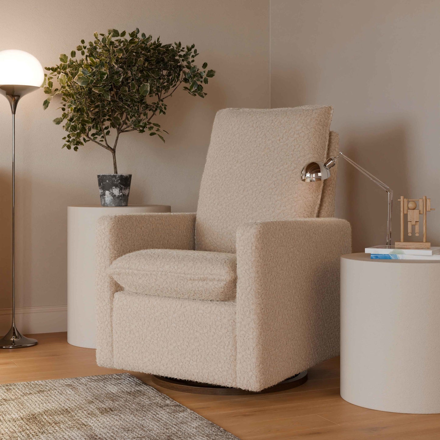 M20987CSGDB,Cali Pillowback Swivel Glider in Chai Shearling w/ Dark Wood Base