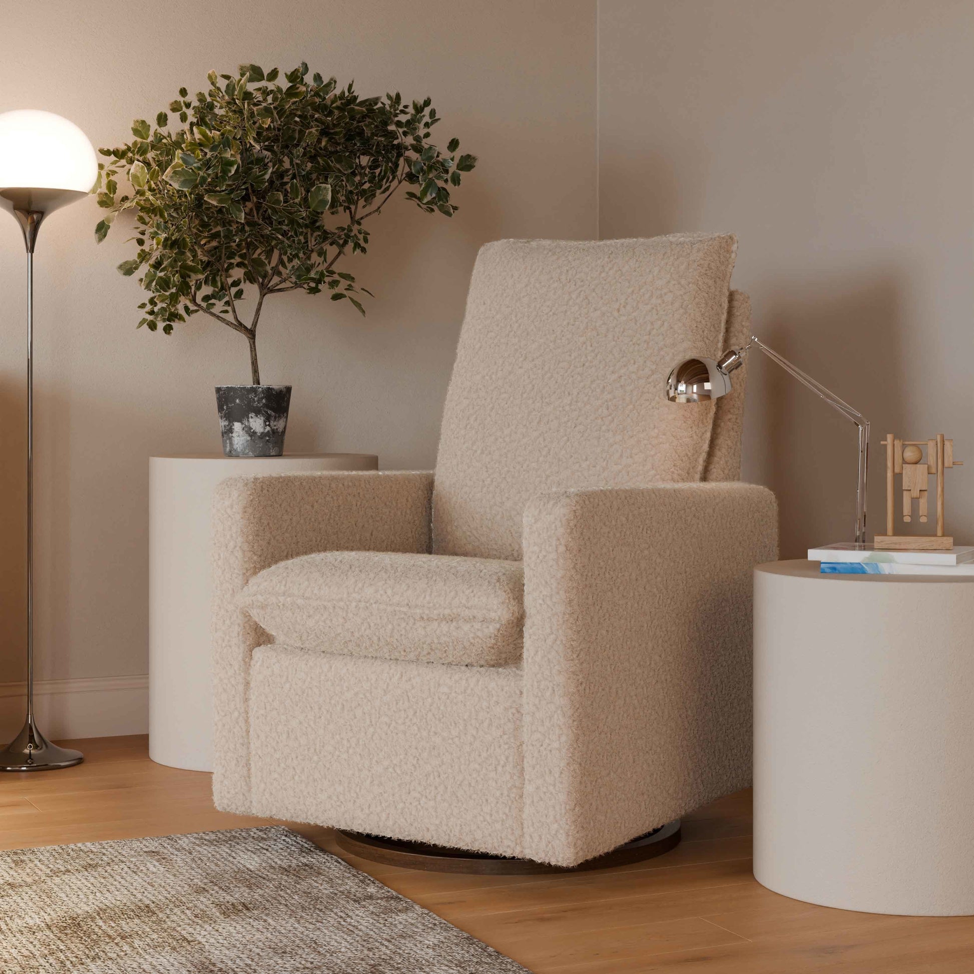 M20987CSGDB,Cali Pillowback Swivel Glider in Chai Shearling w/ Dark Wood Base