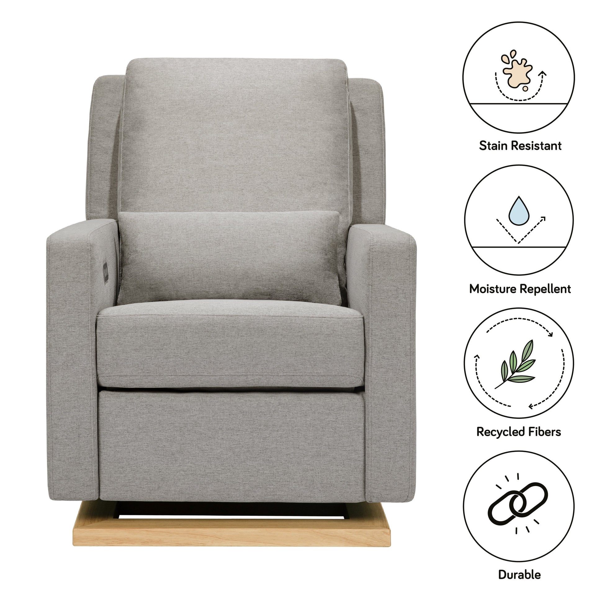 M23085PGEWLB,Sigi Glider Recliner w/ Electronic Control and USB in Performance Grey Eco-Weave w/Light Wood Base