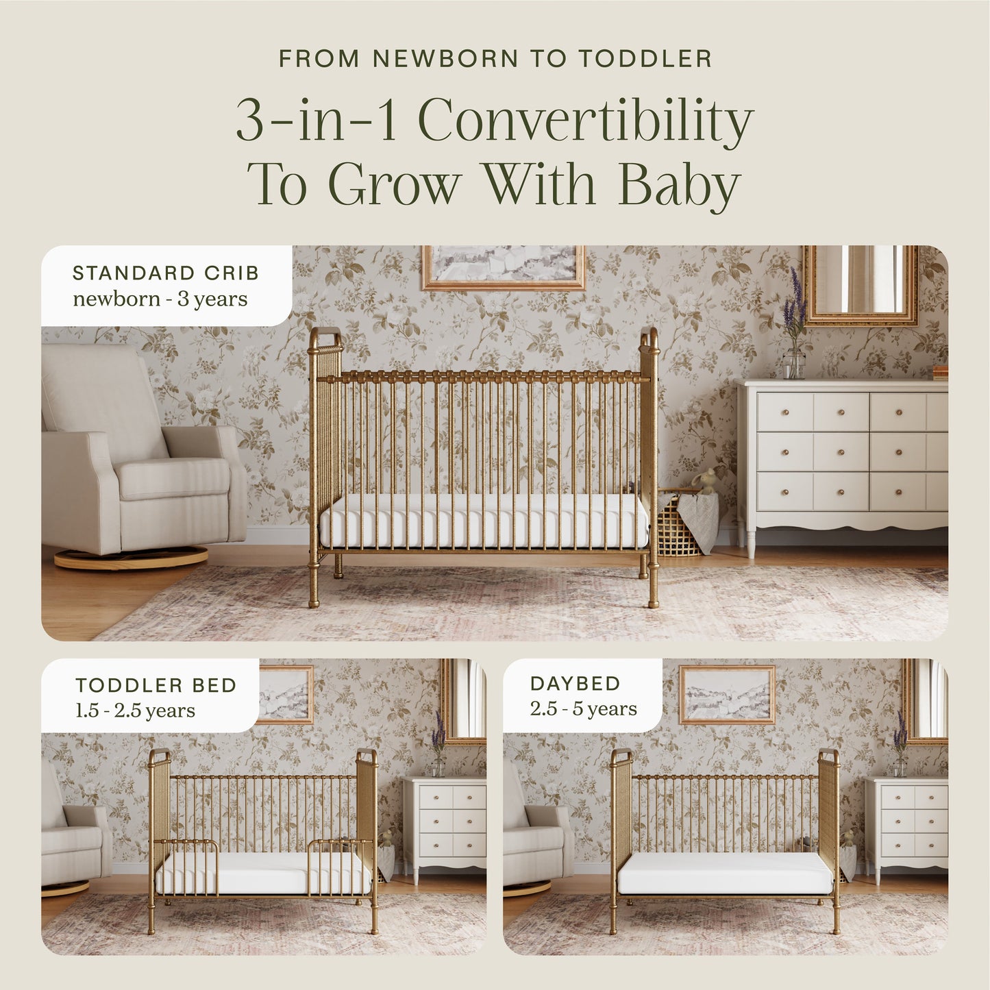 M15501VG,Abigail 3-in-1 Convertible Crib in Vintage Gold